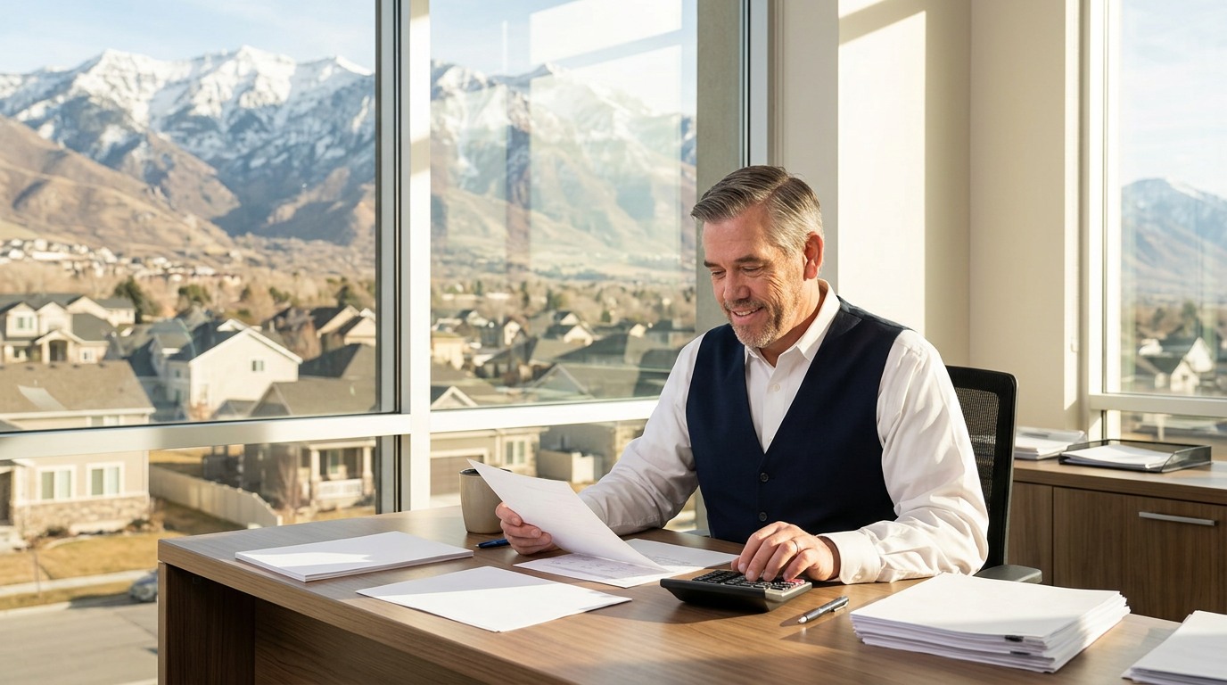 Tres “The Magic Mortgage Lender” Miller in his navy vest and white shirt reviewing a VA funding-fee worksheet with veteran homebuyers in an Alpine, Utah office with Wasatch mountain views.