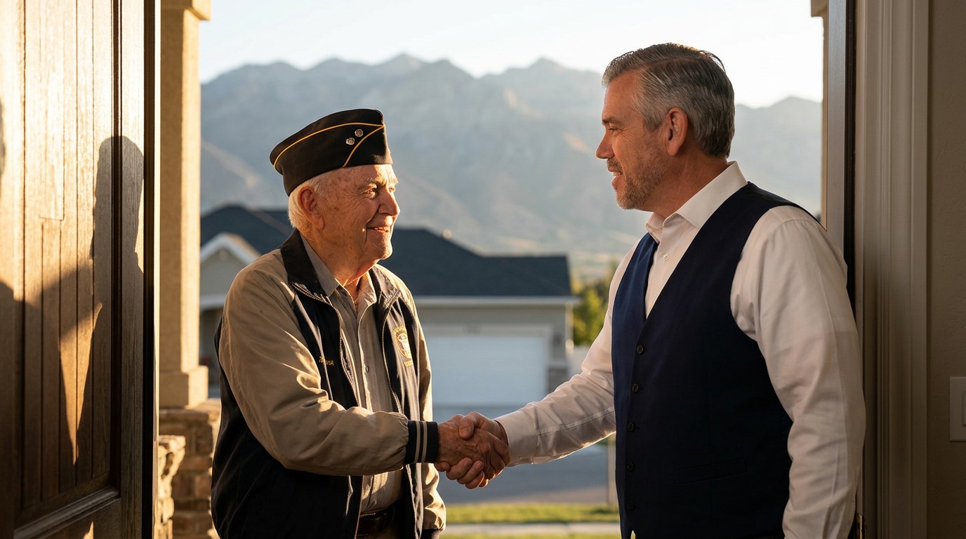 Tres “The Magic Mortgage Lender” Miller in his navy vest and white shirt talking with veteran homeowners on the porch of a Cedar Hills, Utah home.