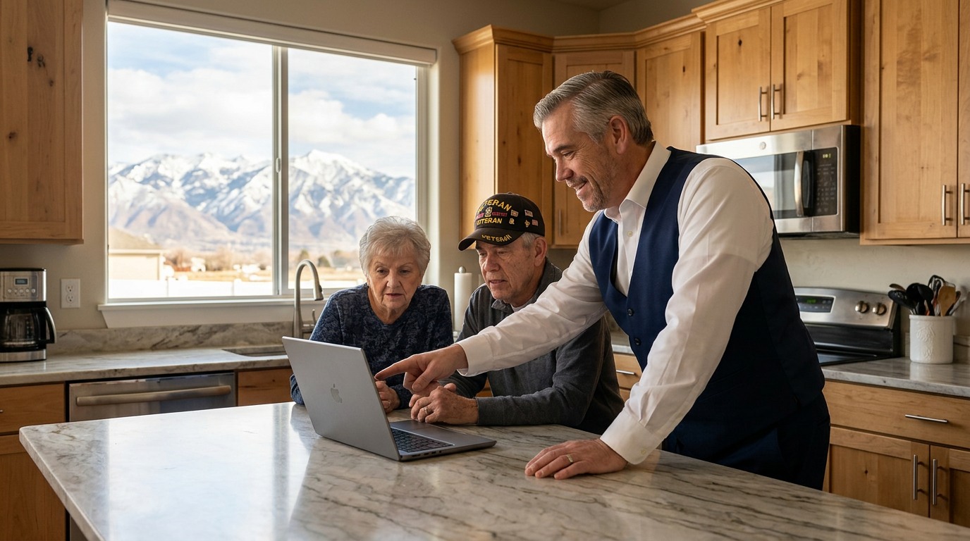 Tres “The Magic Mortgage Lender” Miller in his navy vest and white shirt reviewing documents with a veteran buyer in a semi-rural Mapleton, Utah neighborhood.