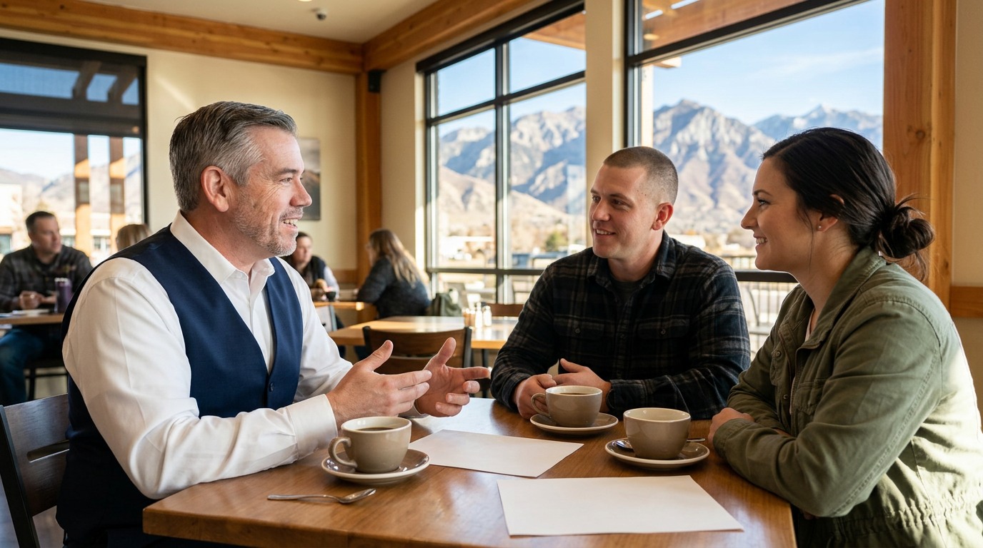 Tres “The Magic Mortgage Lender” Miller in his navy vest and white shirt reviewing a VA funding-fee worksheet with veteran homebuyers in an Orem, Utah office with Wasatch mountain views.