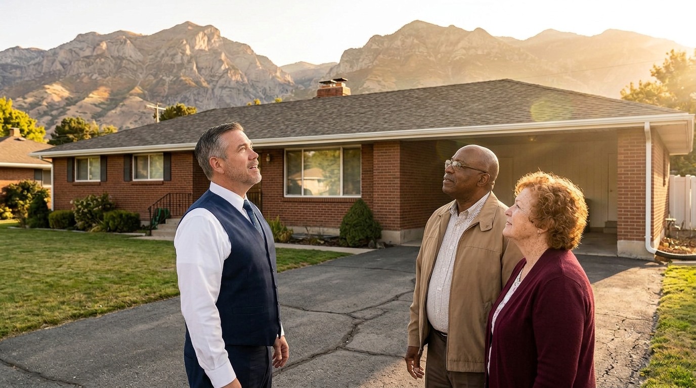 Tres “The Magic Mortgage Lender” Miller in his navy vest and white shirt standing in front of a Orem, Utah home, discussing a VA appraisal report.