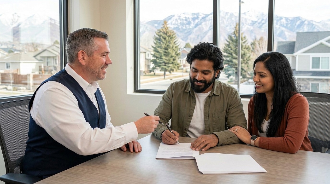 Tres “The Magic Mortgage Lender” Miller in his navy vest and white shirt reviewing an offer folder in front of a Alpine, Utah home.