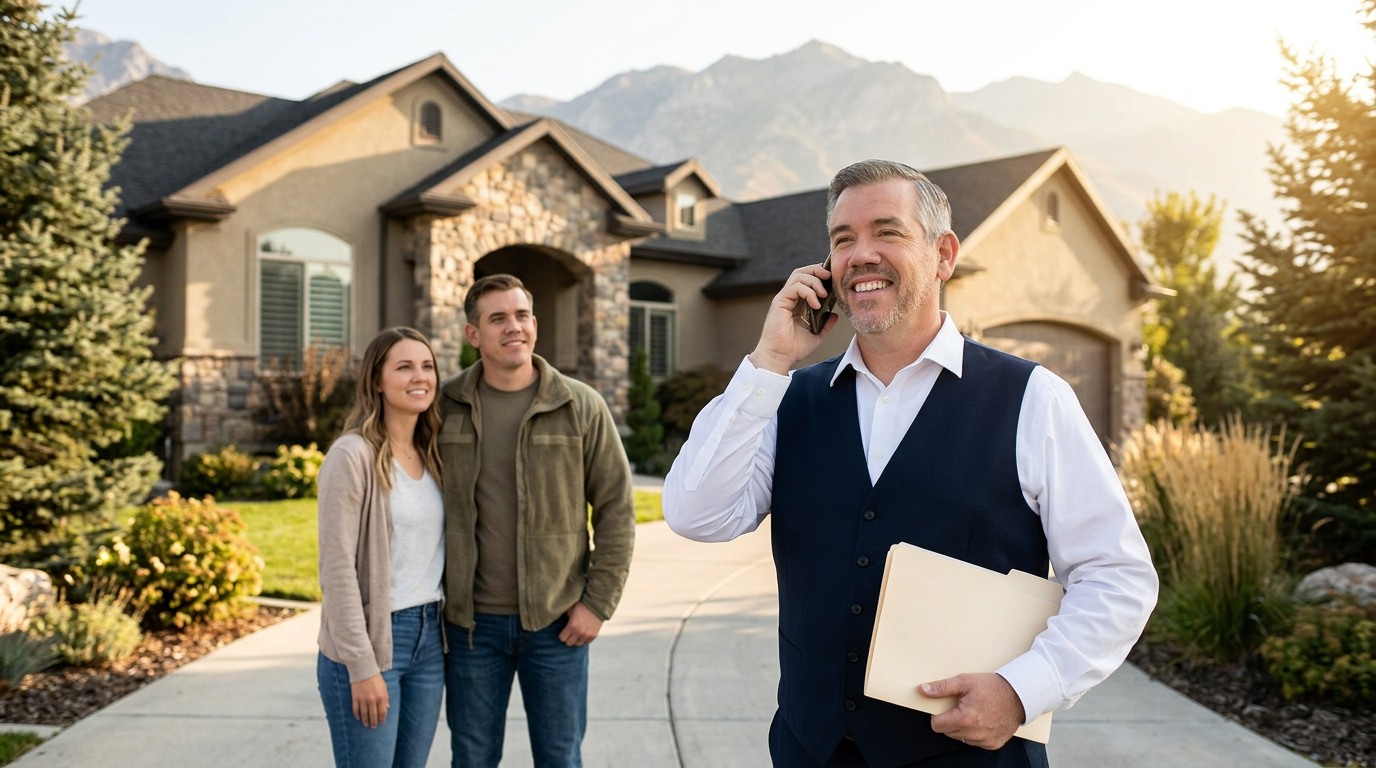 Tres “The Magic Mortgage Lender” Miller in his navy vest and white shirt reviewing an offer folder in front of a Highland, Utah home.