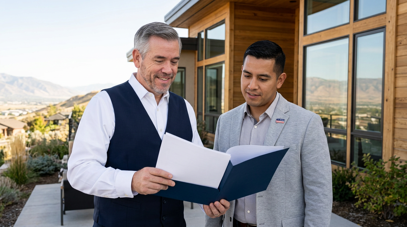 Tres “The Magic Mortgage Lender” Miller in his navy vest and white shirt reviewing an offer folder in front of a Cedar Hills, Utah home.