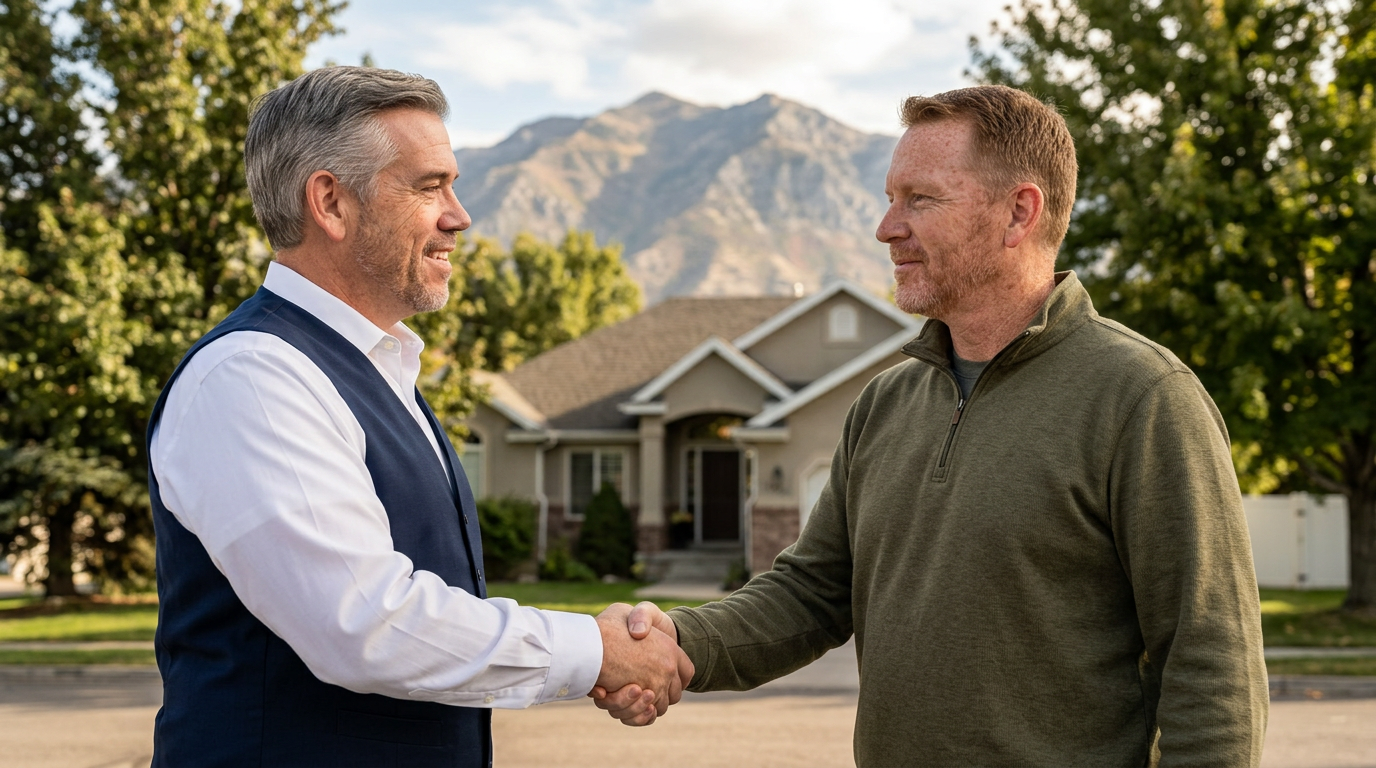 Tres “The Magic Mortgage Lender” Miller in his navy vest and white shirt reviewing an offer folder in front of a Mapleton, Utah home.