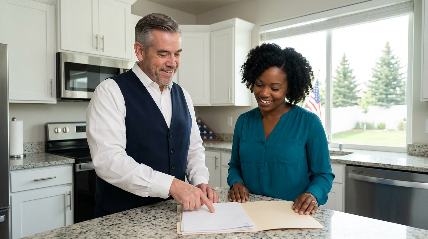 Tres “The Magic Mortgage Lender” Miller in his navy vest and white shirt reviewing an offer folder in front of a Orem, Utah home.