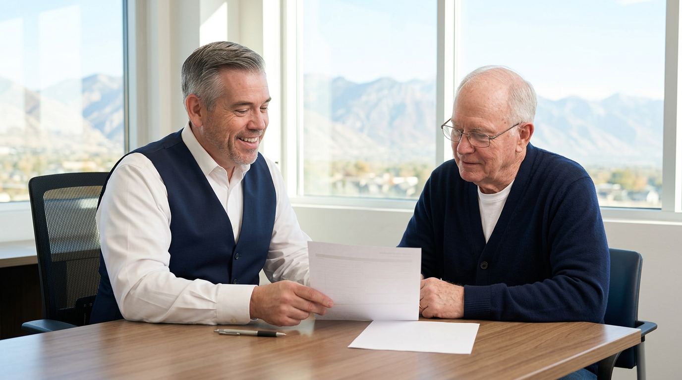 Tres “The Magic Mortgage Lender” Miller in his navy vest and white shirt explaining a closing-cost worksheet to a veteran buyer in an office with an Alpine, Utah mountain view.