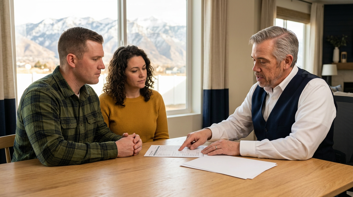 Tres “The Magic Mortgage Lender” Miller in his navy vest and white shirt pointing at a closing-cost worksheet across an office table from a veteran couple in Highland, Utah, with Wasatch mountains through the window.