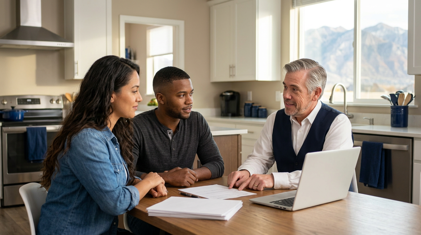 Tres “The Magic Mortgage Lender” Miller in his navy vest and white shirt reviewing blank paperwork and a laptop at a kitchen table with a young veteran couple in a Cedar Hills, Utah home.