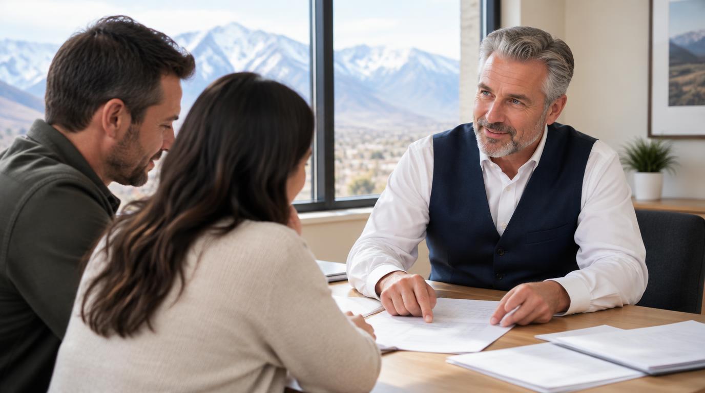 Tres “The Magic Mortgage Lender” Miller in his navy vest and white shirt reviewing a closing-cost budget with a veteran homebuyer in Alpine, Utah.
