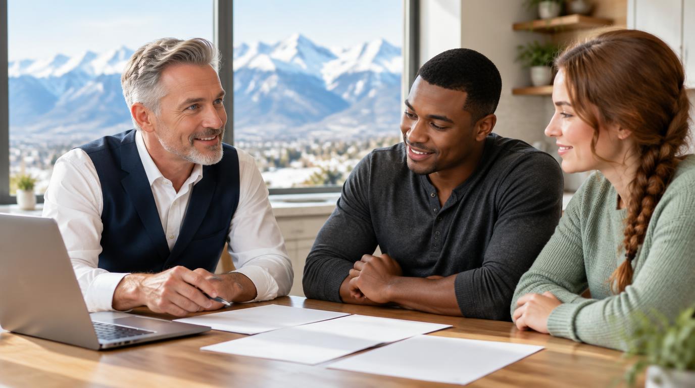 Tres “The Magic Mortgage Lender” Miller in his navy vest and white shirt reviewing a closing-cost budget with a veteran homebuyer in Highland, Utah.