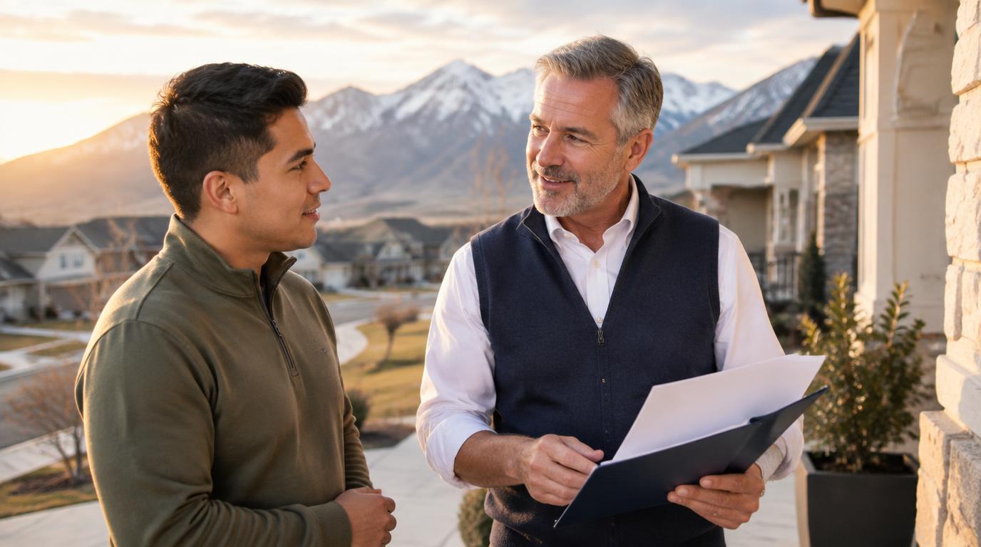 Tres “The Magic Mortgage Lender” Miller in his navy vest and white shirt reviewing a closing-cost budget with a veteran homebuyer in Cedar Hills, Utah.