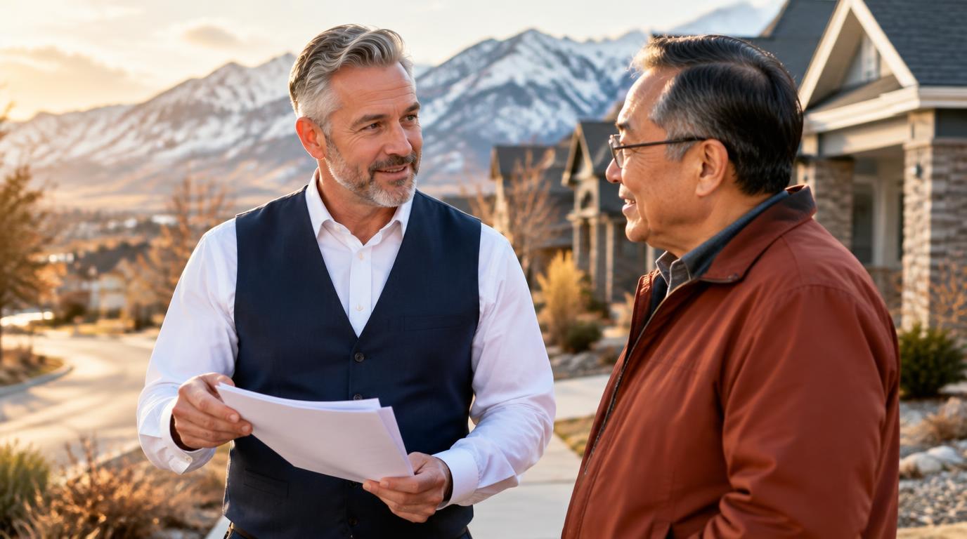Tres “The Magic Mortgage Lender” Miller in his navy vest and white shirt reviewing a closing-cost budget with a veteran homebuyer in Mapleton, Utah.