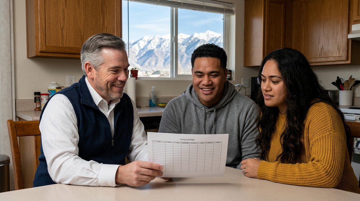 Tres “The Magic Mortgage Lender” Miller in his navy vest and white shirt reviewing a closing-cost budget with a veteran homebuyer in Orem, Utah.