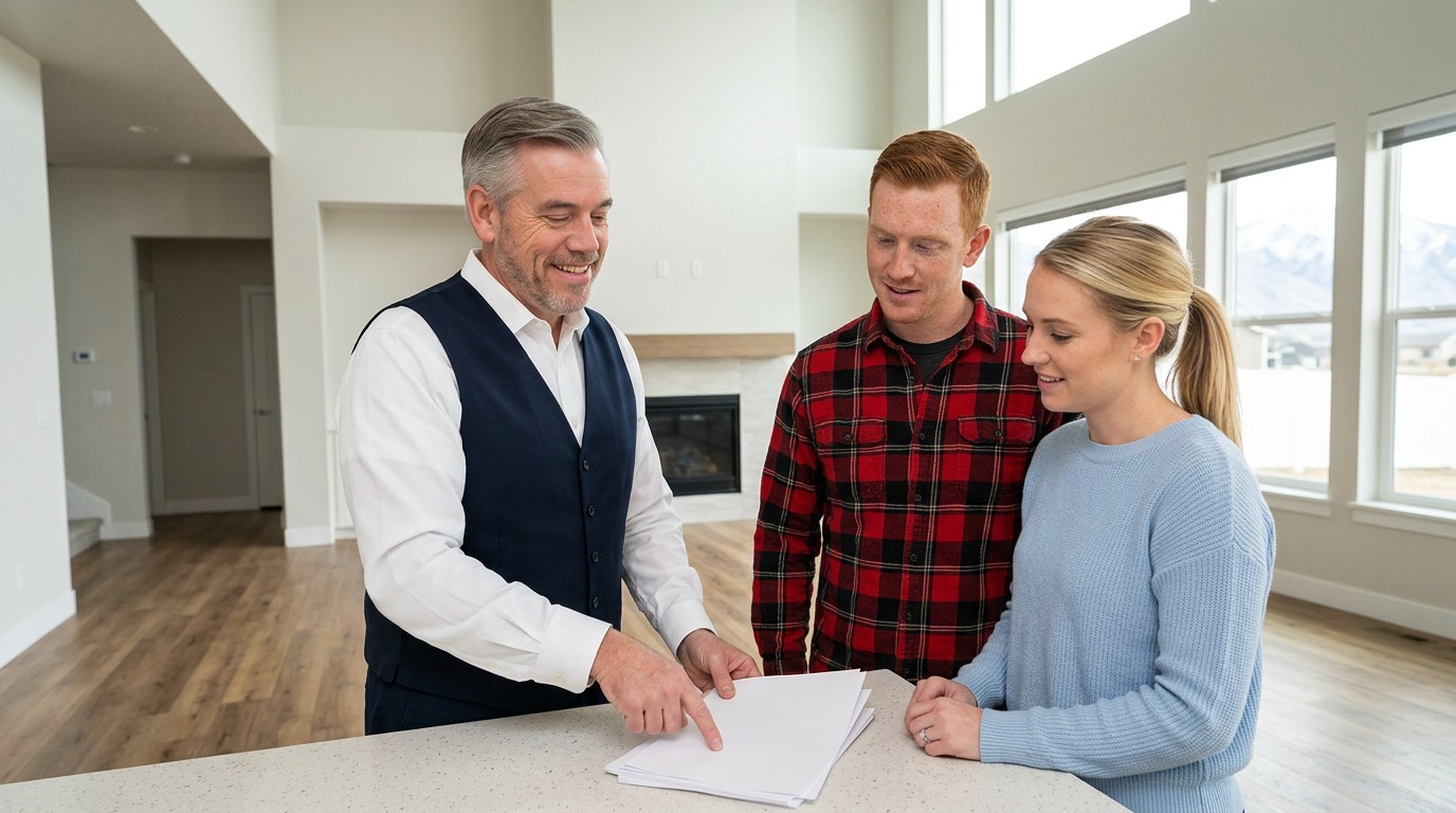 Tres “The Magic Mortgage Lender” Miller in his navy vest and white shirt discussing a VA loan above the county limit with a veteran homebuyer in Cedar Hills, Utah.