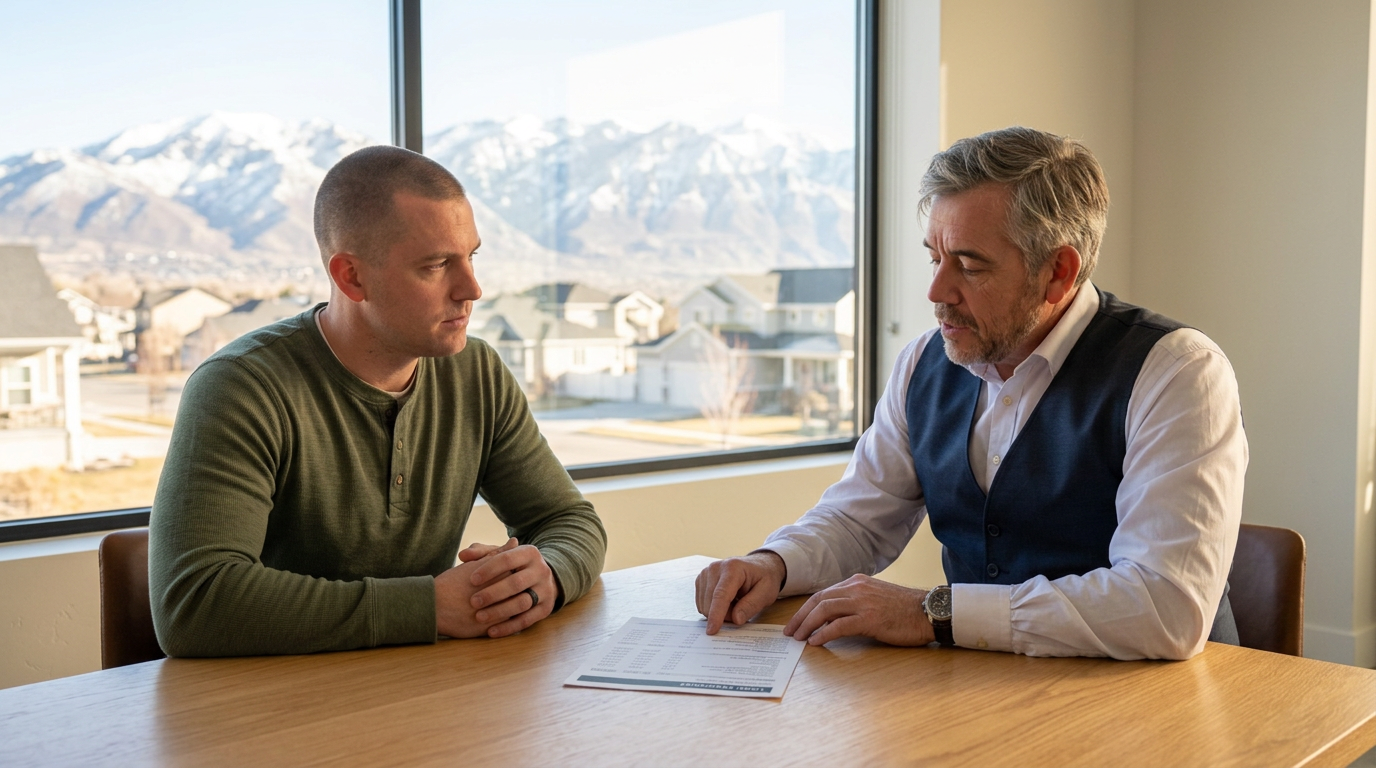 Tres “The Magic Mortgage Lender” Miller in his navy vest and white shirt reviewing a VA loan above the county limit with a veteran homebuyer in Mapleton, Utah.