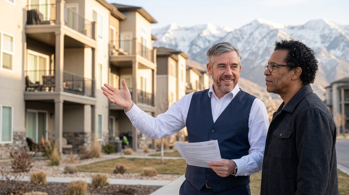 Tres “The Magic Mortgage Lender” Miller in his navy vest and white shirt walking a veteran homebuyer through VA condo project approval outside a condominium building in Alpine, Utah.