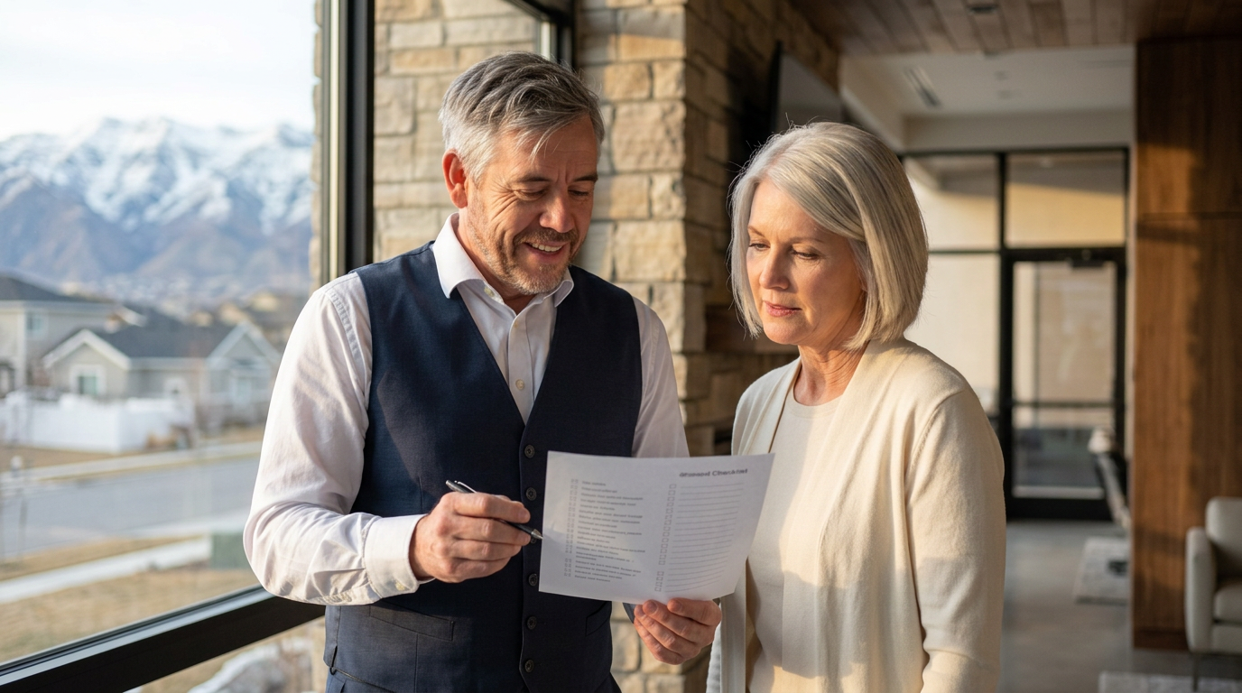 Tres “The Magic Mortgage Lender” Miller in his navy vest and white shirt reviewing a condo project approval checklist with a veteran homebuyer in a Highland, Utah condominium community lobby.
