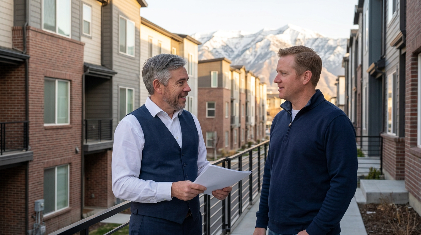 Tres “The Magic Mortgage Lender” Miller in his navy vest and white shirt discussing VA condo project approval with a veteran homebuyer in a Cedar Hills, Utah condominium community.
