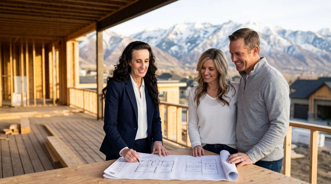 Utah Realtor Kim Miller in a navy blazer reviewing builder floor plans with a couple on the framed deck of a luxury Utah home under construction, snow-capped Wasatch mountains behind them.